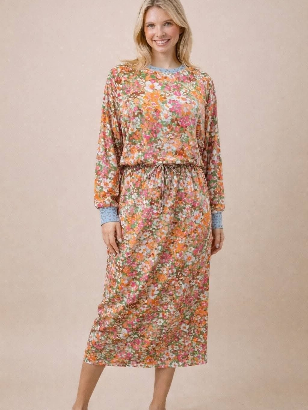 Floral Midi Drawstring Waist Outfit Multicolor